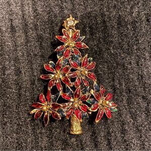 Christmas Poinsettia Tree Pin Brooch LIA Enamel